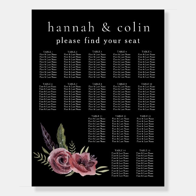 Elegant Dark Floral Black Burgundy Seating Chart Foam Board (Front)