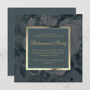 Elegant Dark Floral Blue Gray Retirement Party Invitation