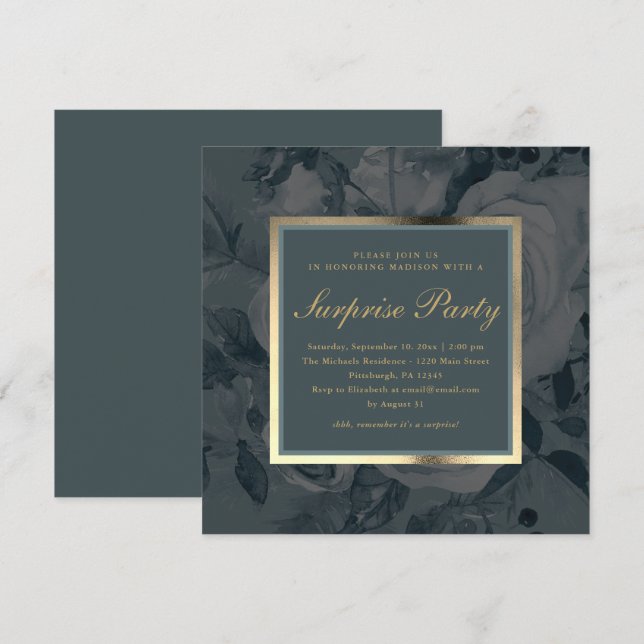 Elegant Dark Floral Blue Gray Surprise Party Invitation (Front/Back)