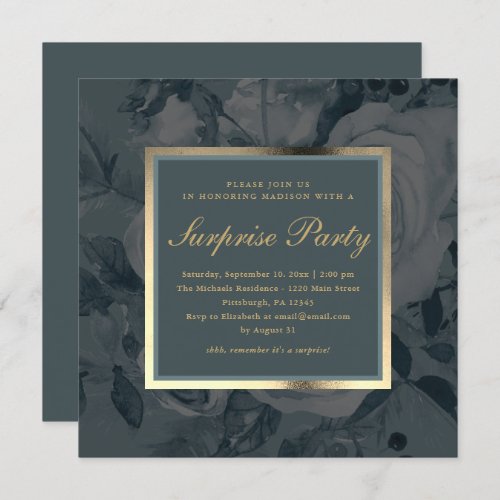 Elegant Dark Floral Blue Gray Surprise Party Invitation