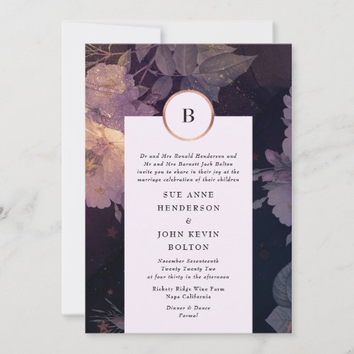 Elegant Dark Floral Boho Fantasy Rose Gold Invitation