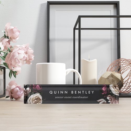 Elegant Dark Floral Bouquet Desk Name Plate