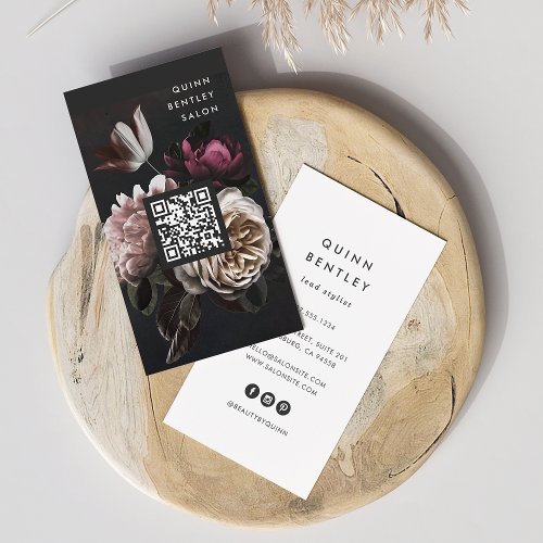 Elegant Dark Floral Bouquet  Vertical QR Code Business Card
