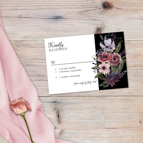 Elegant Dark Floral Cascade Black Burgundy RSVP Card