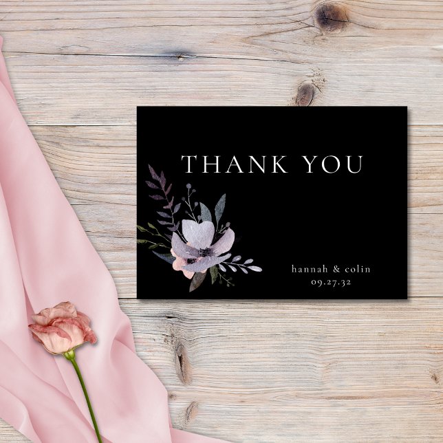 Elegant Dark Floral Cascade Black Burgundy Thank You Card (Creator Uploaded)