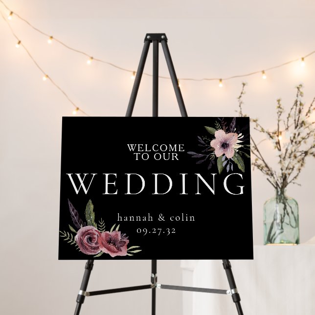 Elegant Dark Floral Cascade Black Burgundy Welcome Foam Board (In Situ (Stand))