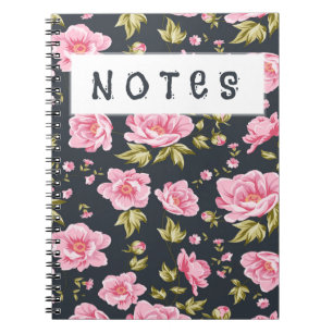 Elegant Dark Floral Design with Pink Blossoms Notebook