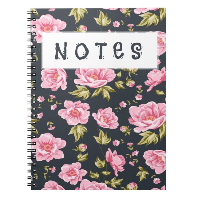 Elegant Dark Floral Design with Pink Blossoms Notebook (Front)