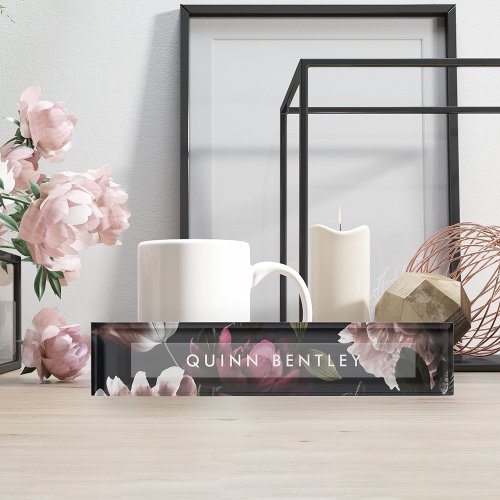 Elegant Dark Floral Desk Name Plate