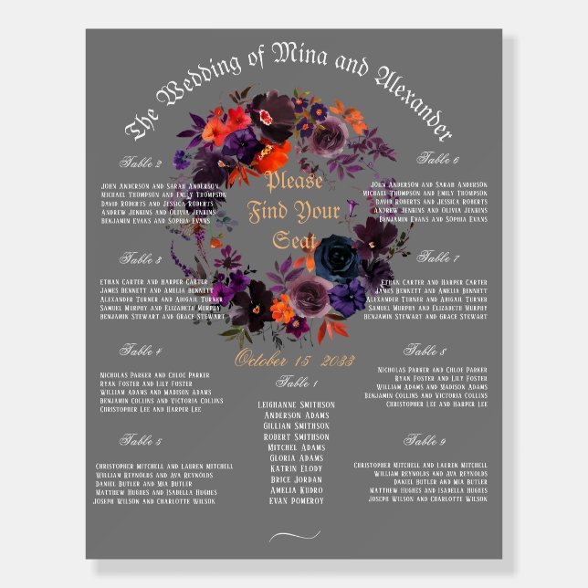 Elegant Dark Floral Goth Halloween Wedding Foam Board (Front)