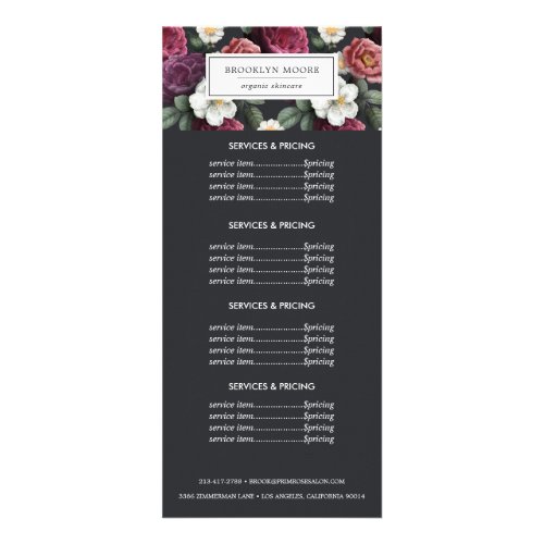 Elegant Dark Floral Logo  Pricing Services Rack Card