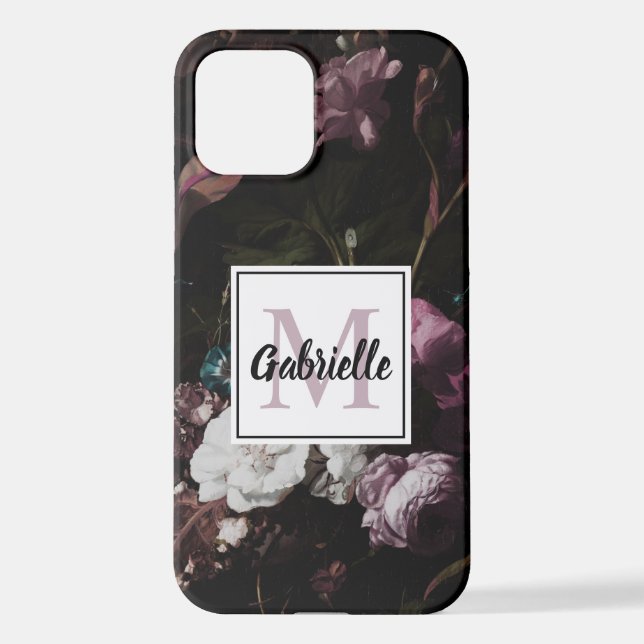 Elegant Dark Floral Monogram Script Name iPhone Case (Back)