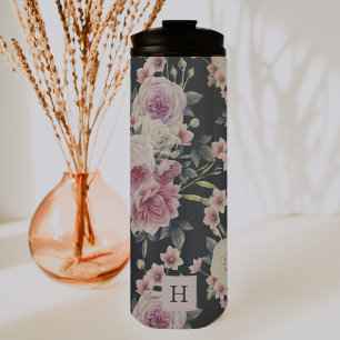 Elegant Dark Floral on Black Monogram Tumbler
