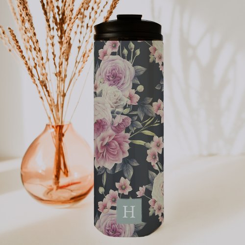 Elegant Dark Floral on Black  Monogram Tumbler