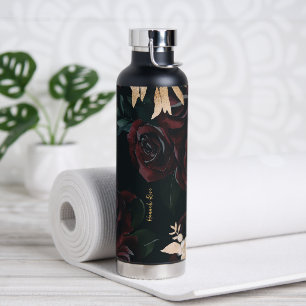 Elegant Dark Floral on Black   Monogram Tumbler Water Bottle