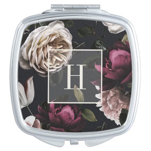 Elegant Dark Floral on Black  Monogrammed Compact Mirror