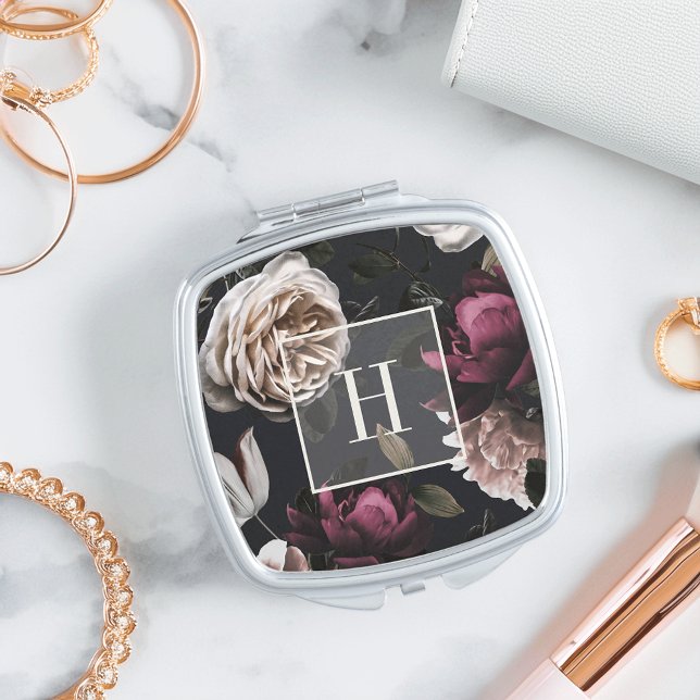 Elegant Dark Floral on Black | Monogrammed Compact Mirror (Creator Uploaded)