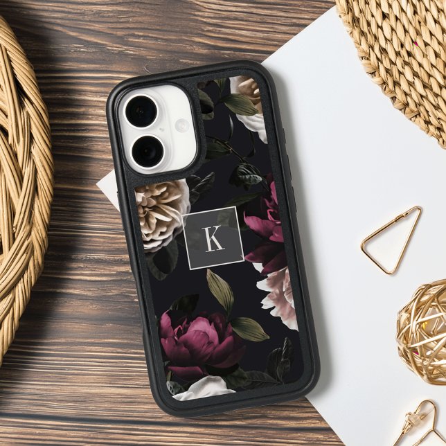 Elegant Dark Floral on Black | Monogrammed Otterbox iPhone Case (Creator Uploaded)