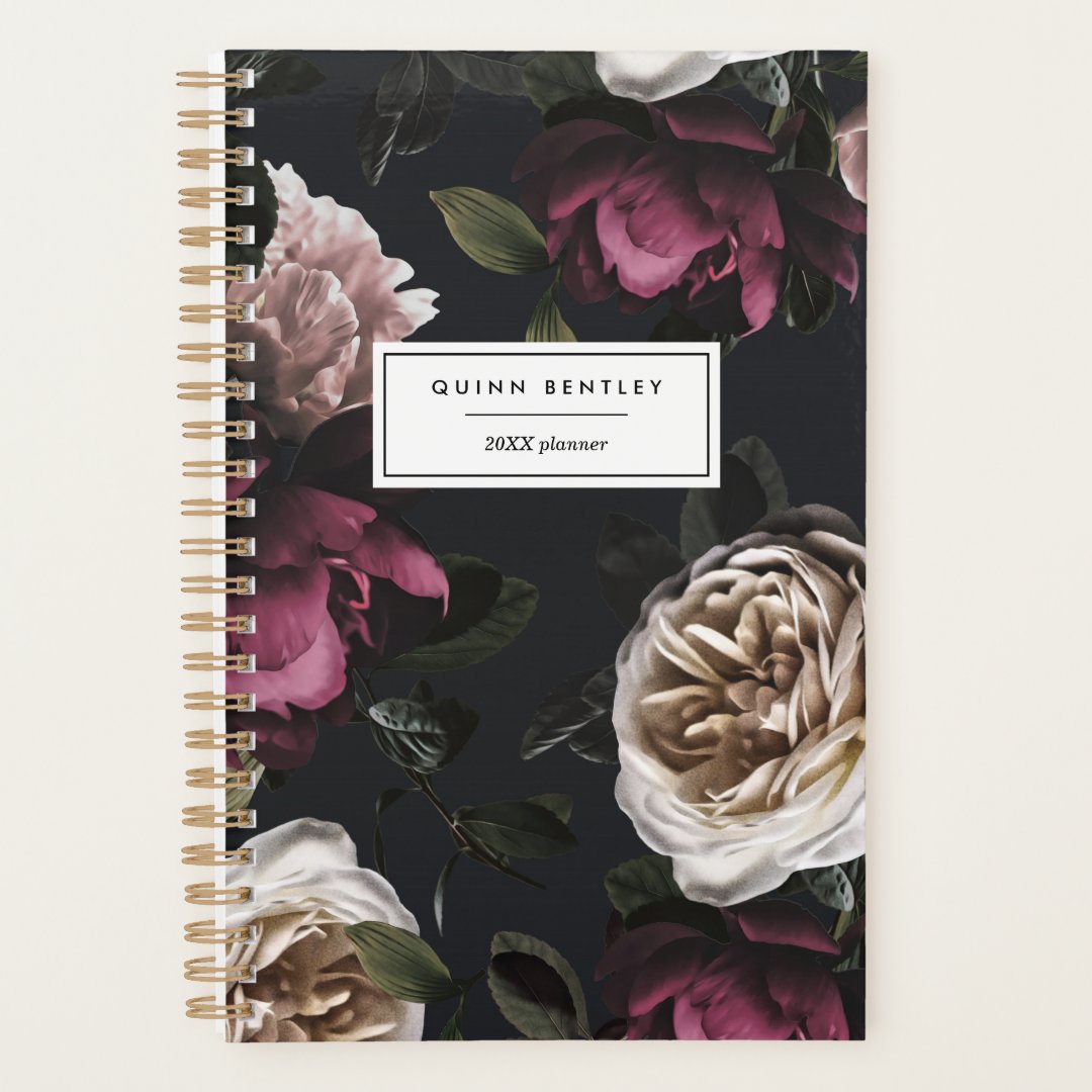 Elegant Dark Floral on Black | Personalized Planner | Zazzle