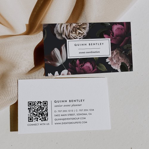 Elegant Dark Floral on Black  QR Code Business Card