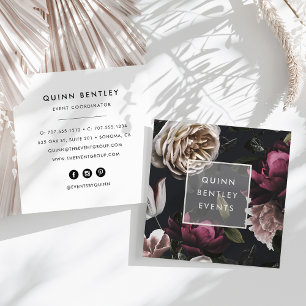 Elegant Dark Floral on Black   Square Business Card