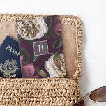 Elegant Dark Floral on Plum | Monogram Passport Holder<br><div class="desc">Our chic monogrammed passport case features a pattern of ivory watercolor roses and dark burgundy flowers on a rich plum purple background. Personalize with your single initial monogram on the front in elegant ivory lettering set on a sheer bordered square element.</div>