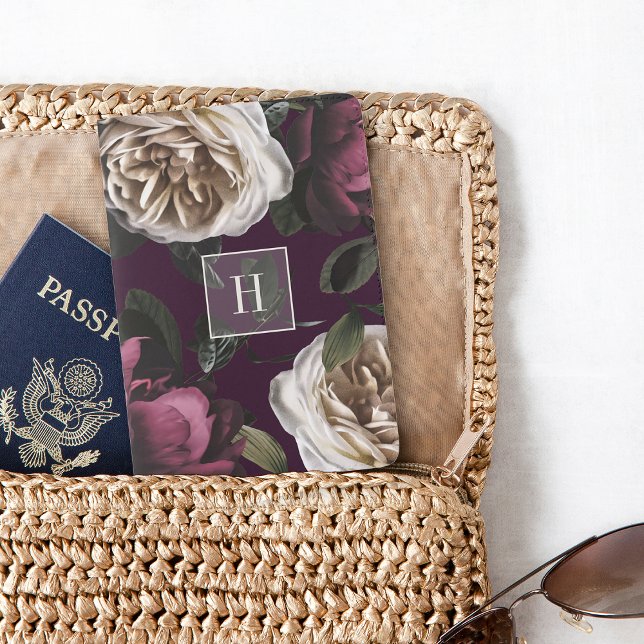 Elegant Dark Floral on Plum | Monogram Passport Holder (Creator Uploaded)