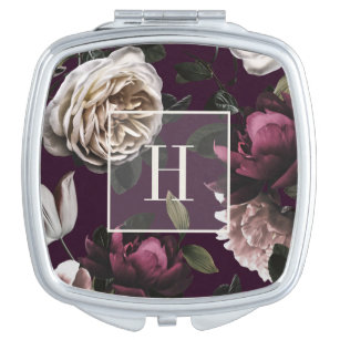 Elegant Dark Floral on Plum   Monogrammed Compact Mirror