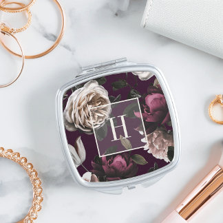 Elegant Dark Floral on Plum | Monogrammed Compact Mirror