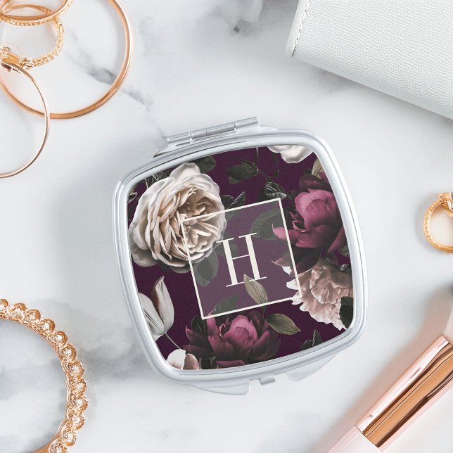 Elegant Dark Floral on Plum | Monogrammed Compact Mirror (Creator Uploaded)