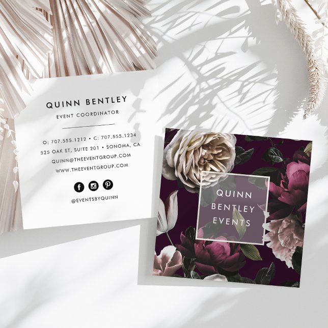 Elegant Dark Floral on Plum | Square Business Card (Creator Uploaded)