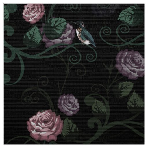 Elegant Dark Floral Rose Garden With Hummingbirds Fabric