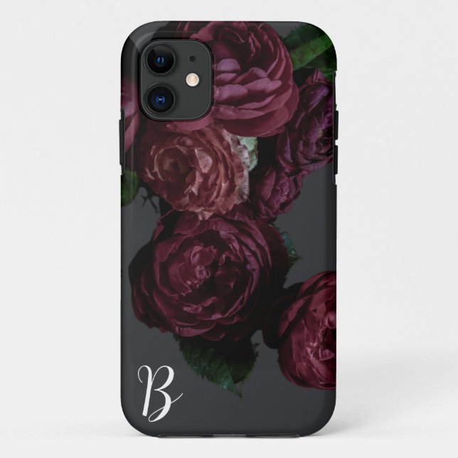 Elegant Dark Floral Rose Monogram  I Phone Case  (Back)