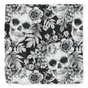 Elegant Dark Floral Skulls on Black Bandana