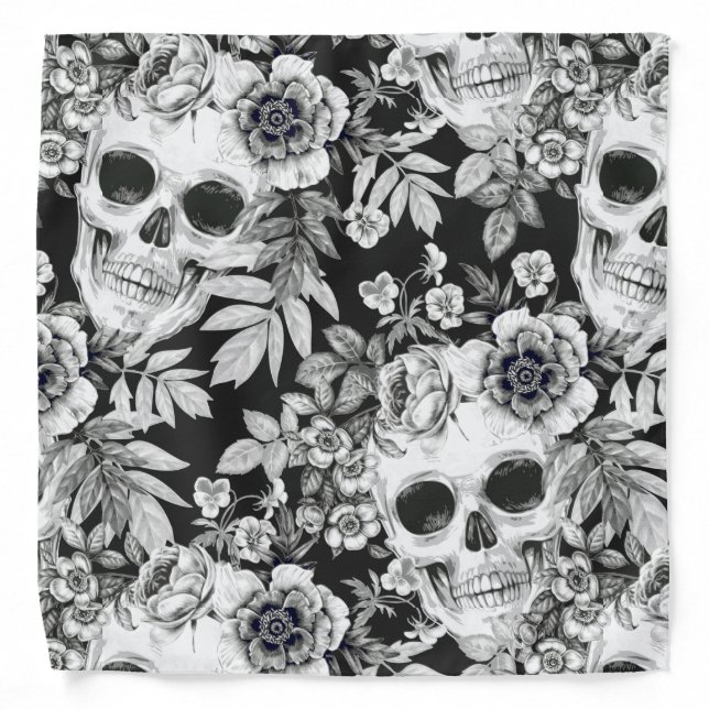 Elegant Dark Floral Skulls on Black Bandana (Front)