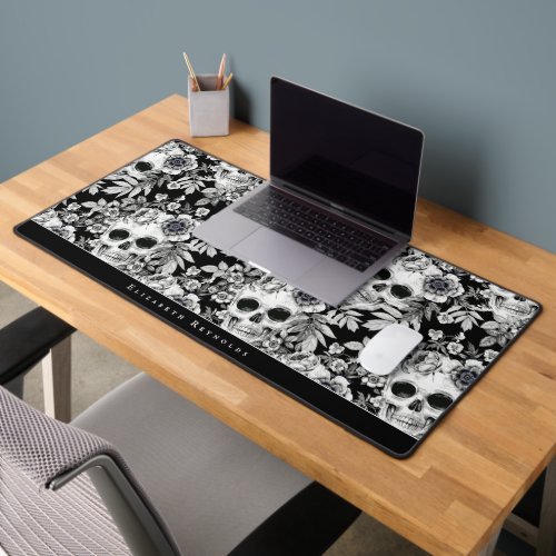 Elegant Dark Floral Skulls on Black Personalized Desk Mat