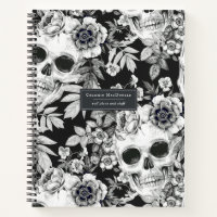 Elegant Dark Floral Skulls on Black Personalized Notebook