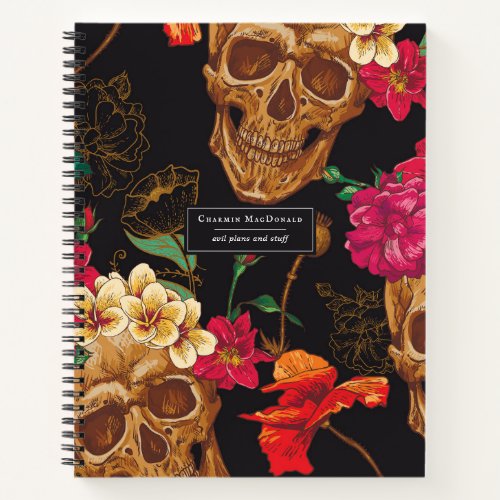 Elegant Dark Floral Skulls on Black Personalized Notebook