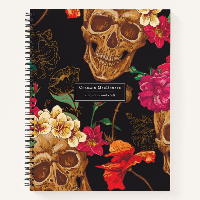 Elegant Dark Floral Skulls on Black Personalized Notebook (Front)