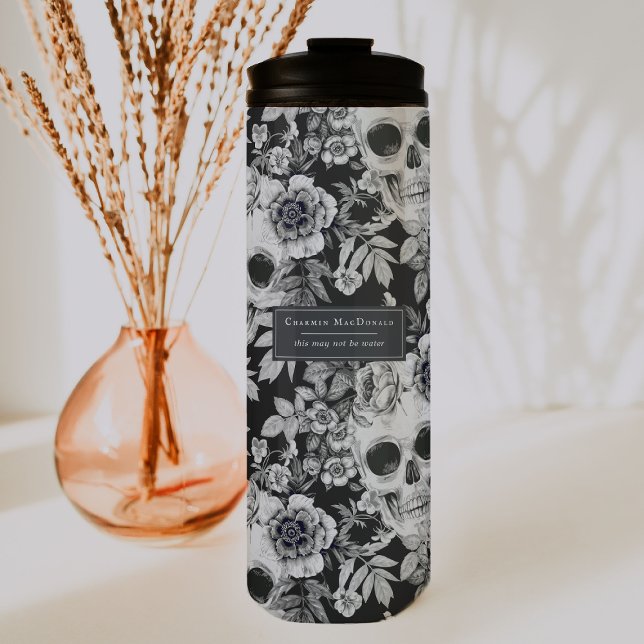 Elegant Dark Floral Skulls on Black Personalized Thermal Tumbler (Creator Uploaded)