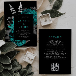 Elegant Dark Floral Teal Silver QR Code Wedding Invitation