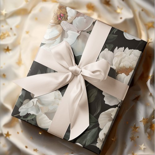 Elegant Dark Floral Watercolor Peony White Wrapping Paper
