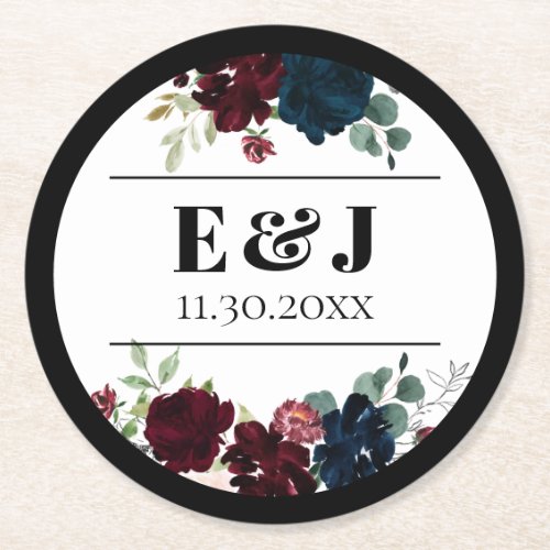 Elegant Dark Florals Monogram Wedding Round Paper Coaster