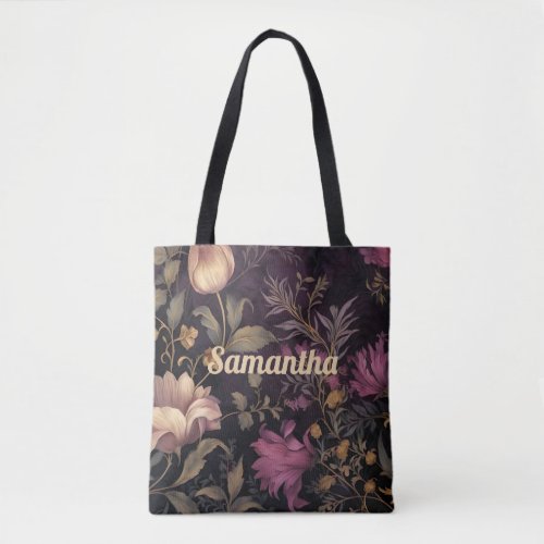 elegant dark flower pattern with name tote bag