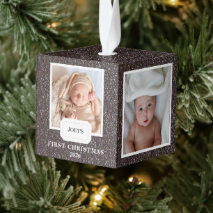 Elegant Dark Glitter Baby First Christmas 4 Photo Cube Ornament