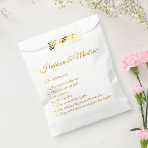 Elegant dark gold custom script couple fun facts favor bag