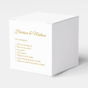 Elegant dark gold custom script couple fun facts favor boxes