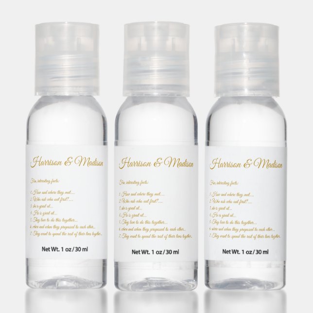 Elegant dark gold custom script couple fun facts hand sanitizer (Set)