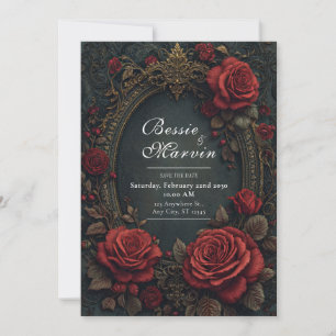 Elegant Dark Gothic Burgundy Rose Oval Wedding Invitation