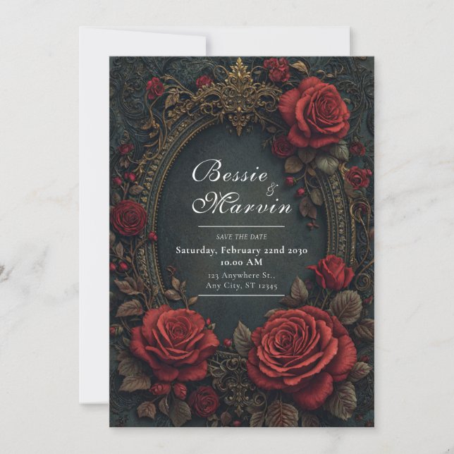 Elegant Dark Gothic Burgundy Rose Oval Wedding Invitation (Front)
